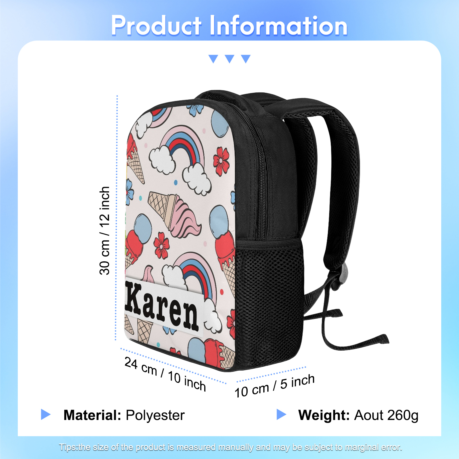 Custom Name Schoolbag Ice Cream Rainbow Backpack Personalised School Bag for Kids-Jessemade AU