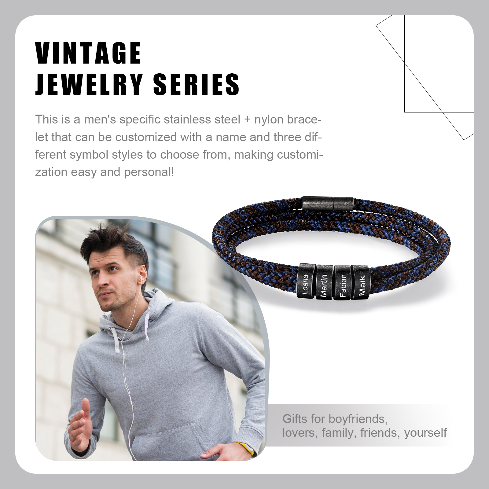 4 Names - Vintage Men's Bracelet Customised Name Nylon Bracelet Three Layers Bracelet Personalised Gift for Him-Jessemade AU