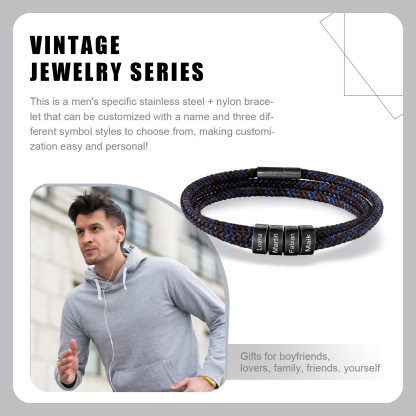 4 Names - Vintage Men's Bracelet Customised Name Nylon Bracelet Three Layers Bracelet Personalised Gift for Him-Jessemade AU