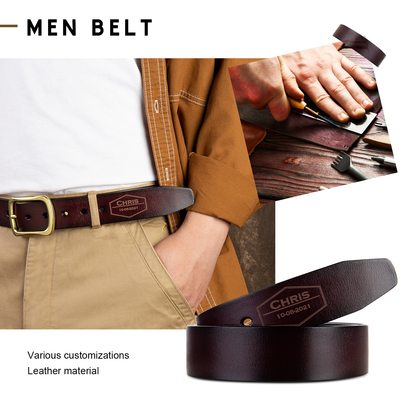 Personalised Genuine Leather Belt Engraved Names Men's Belt for Him-Jessemade AU