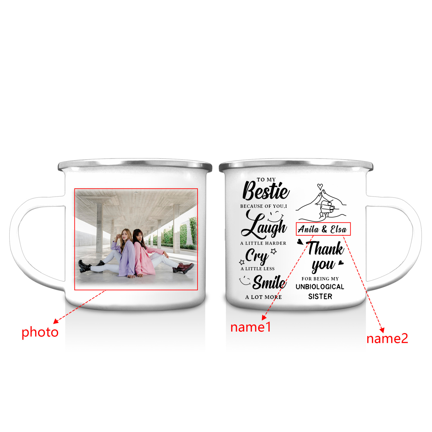 To My Bestie Photo Mugs Customised 2 Names Enamel Cup - Thank You For Being My Unbiological Sister-Jessemade AU