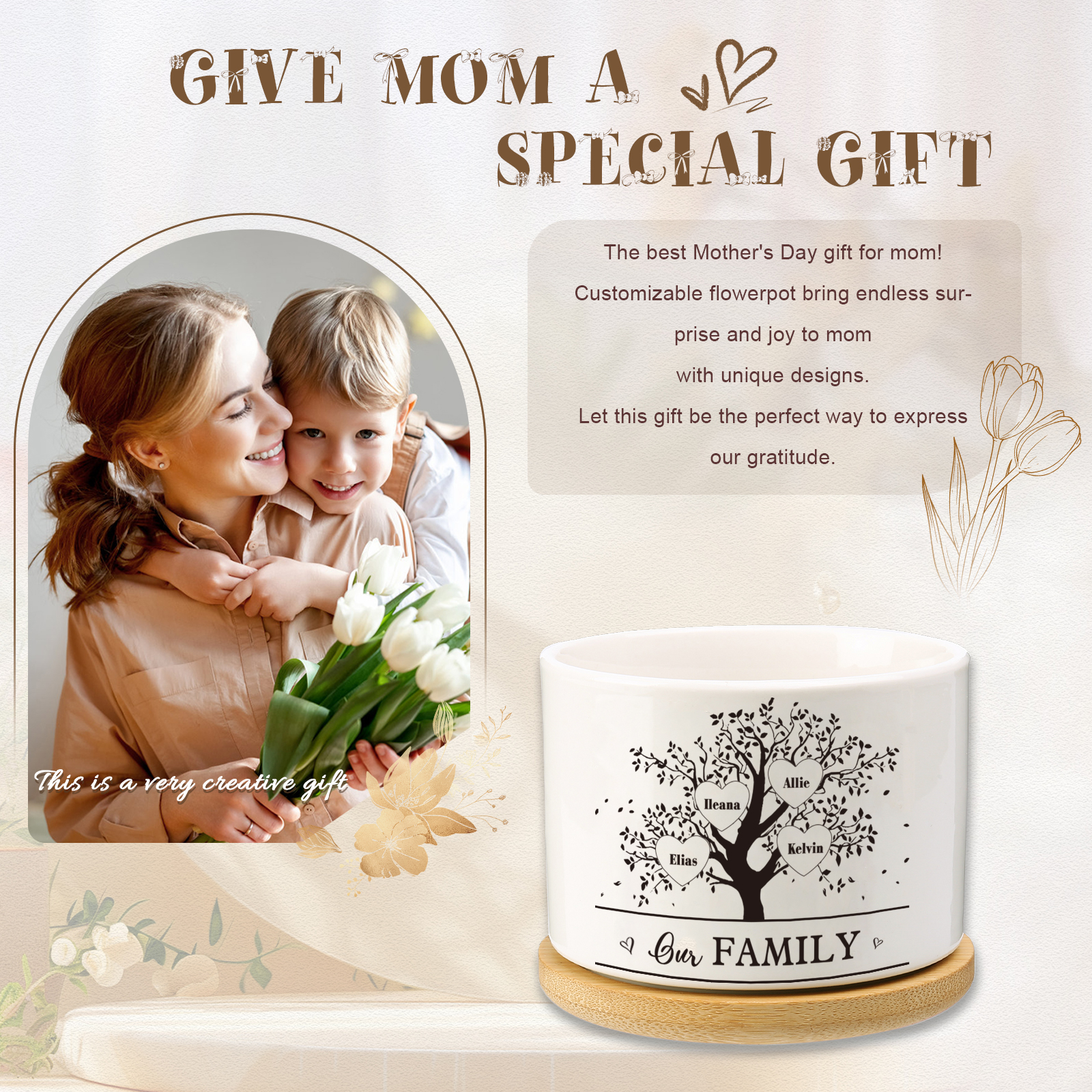 Personalised Ceramic Flowerpot with Wooden Base Custom 4 Names & 1 Text Family Tree Flowerpot Gift for Mother/Grandma-Jessemade AU