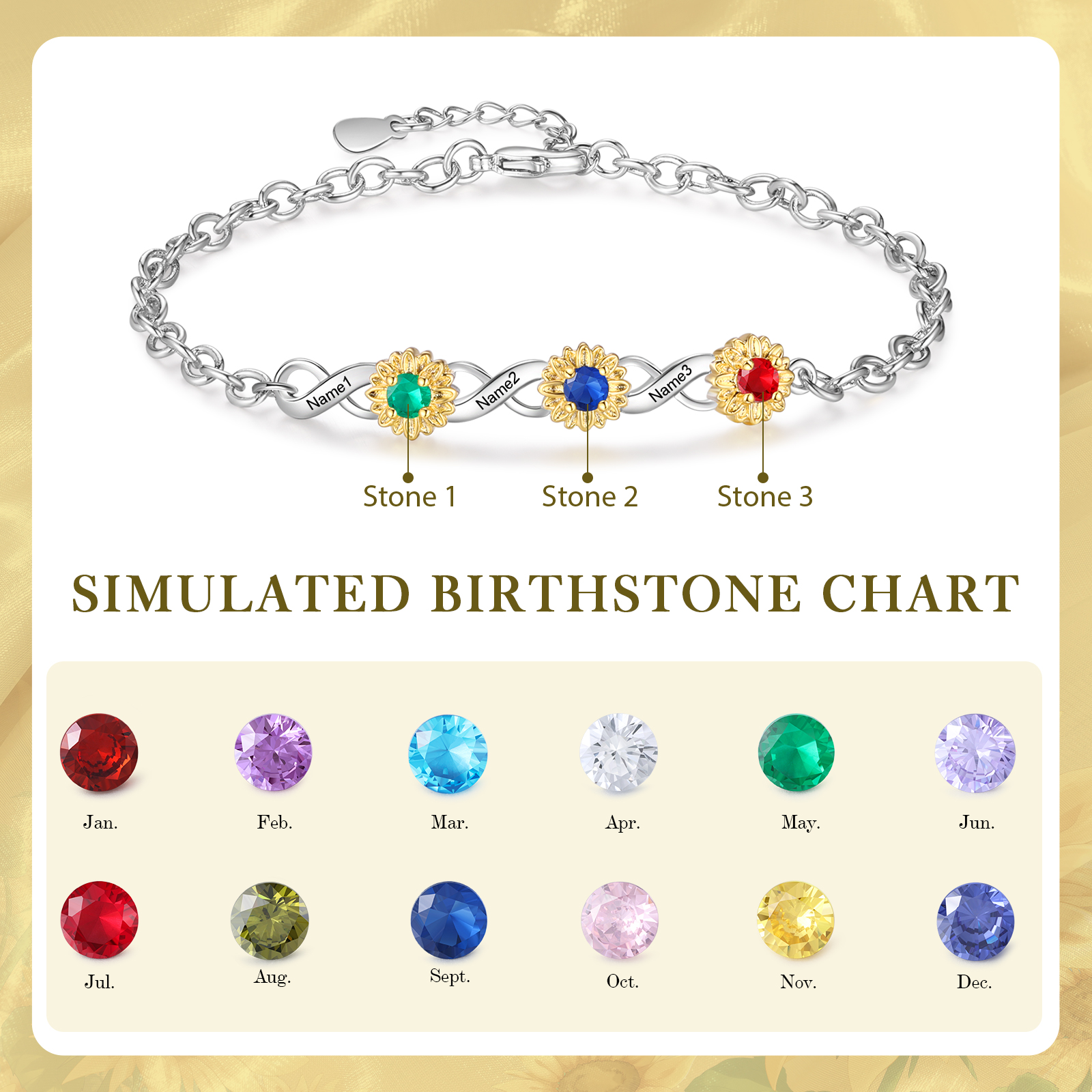 Personalised Women's Bracelet Custom 3 Birthstones & 3 Names Infinity Bracelet Birthday Gift for Her