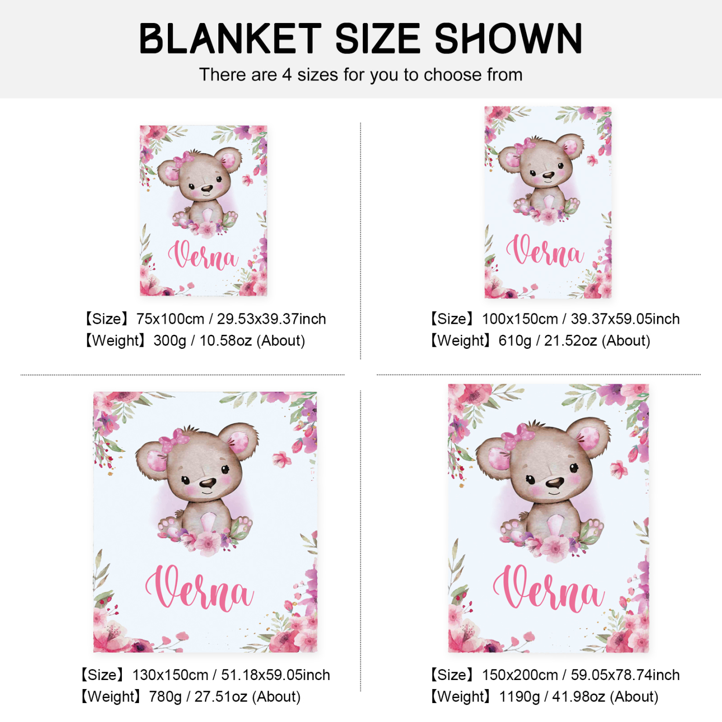 Personalised Pink Bear Blanket Custom Name Cute Cartoon Blanket-Jessemade AU