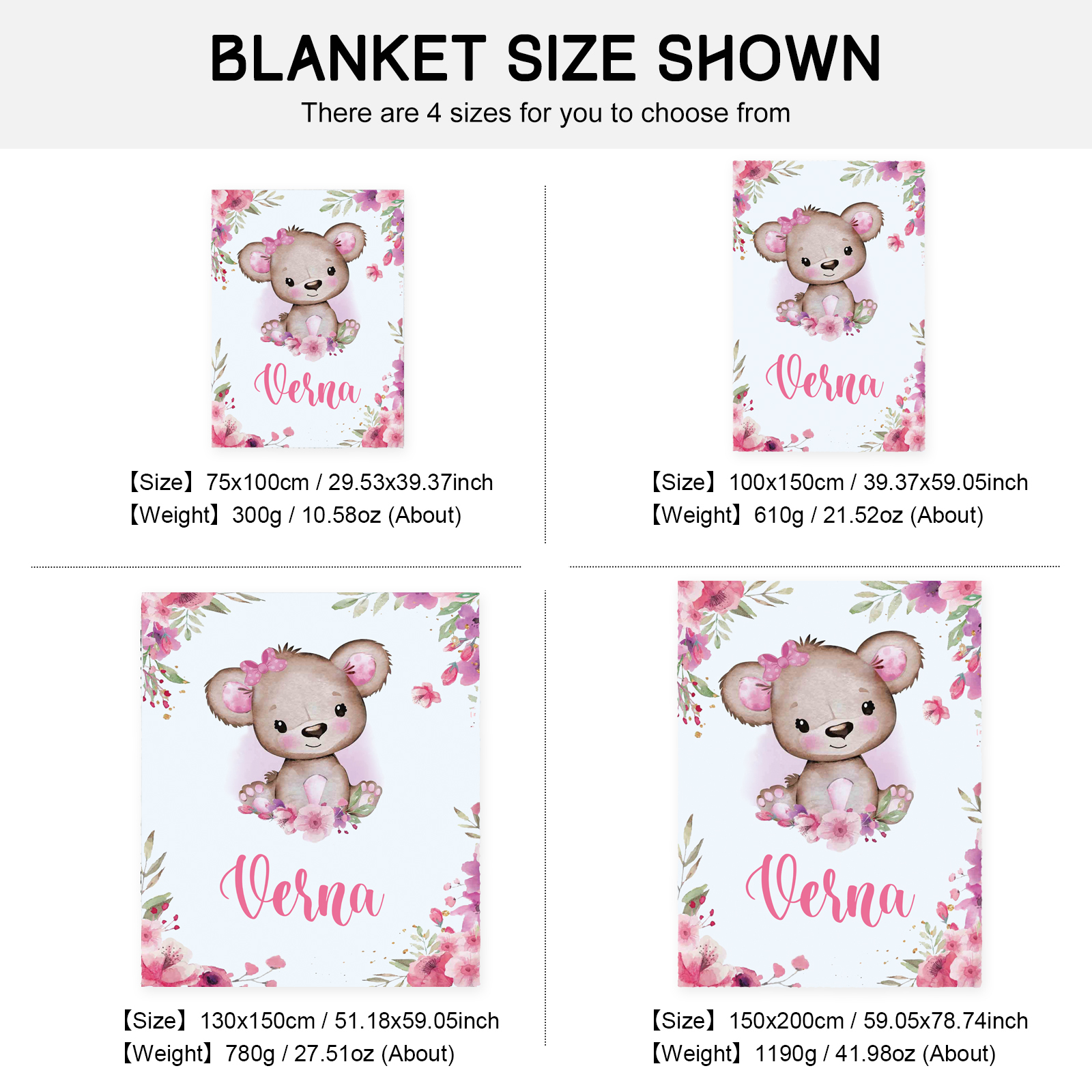 Personalised Pink Bear Blanket Custom Name Cute Cartoon Blanket-Jessemade AU