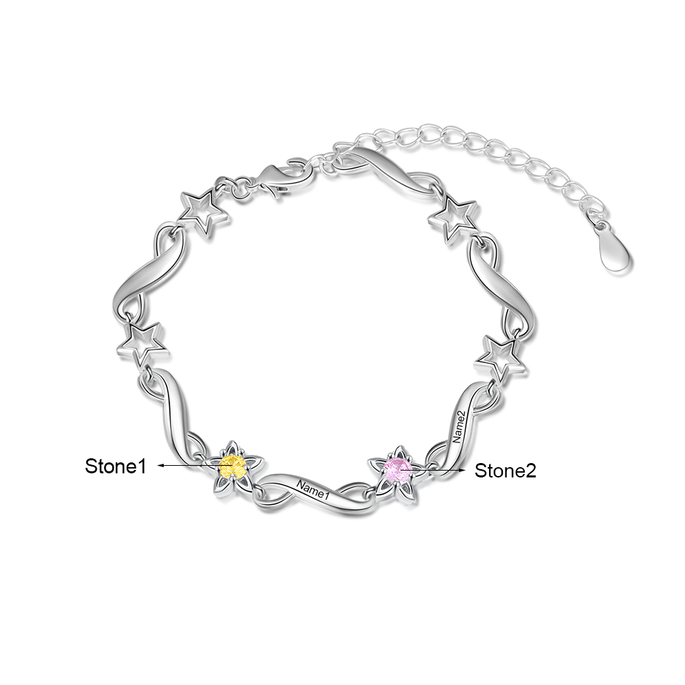 Personalised Star Bracelet With 2 Birthstones Engraved Names Bracelet Gift For Women-Jessemade AU