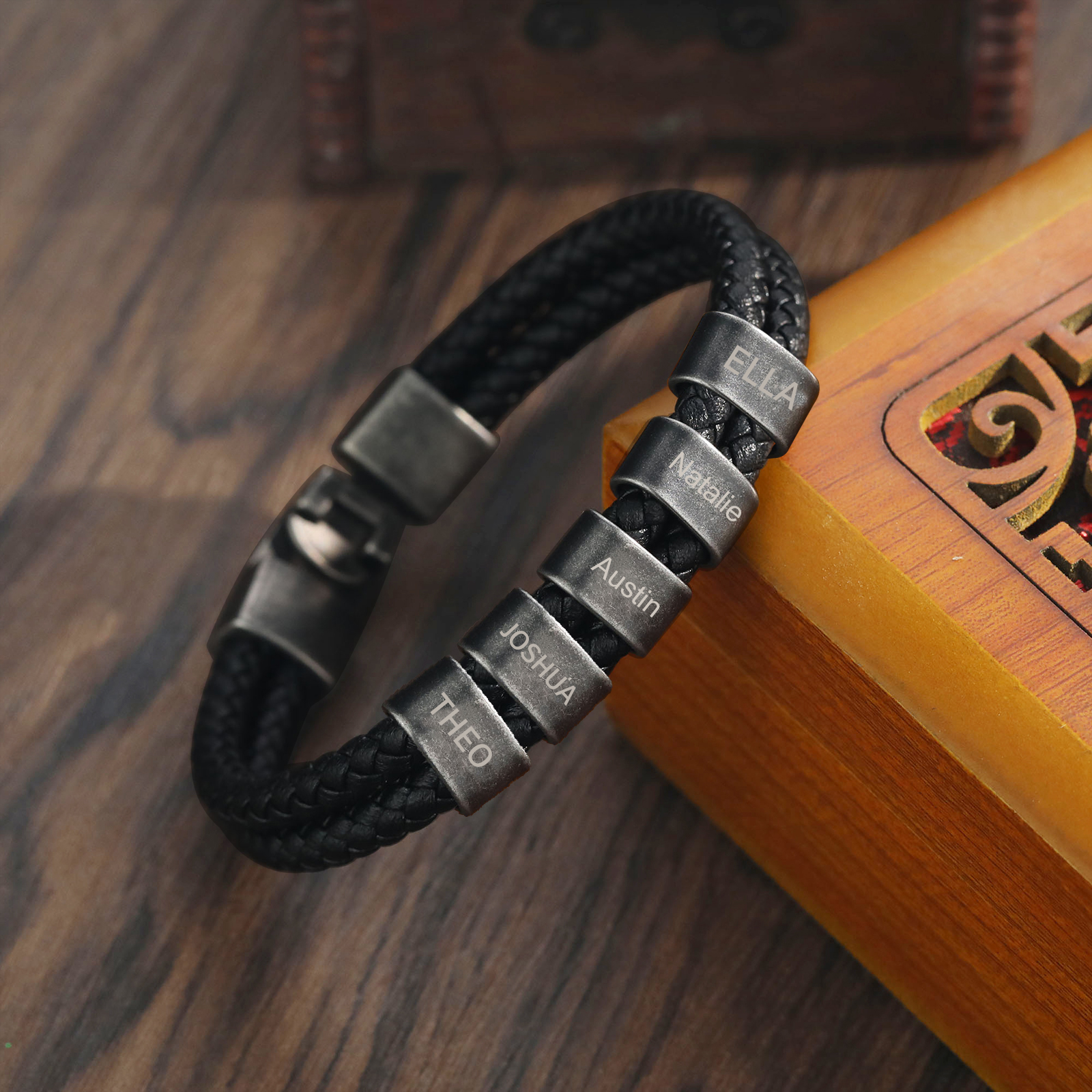Personalised Retro Men Leather Bracelet with 5 Names Beaded Wrap Bracelet-Jessemade AU