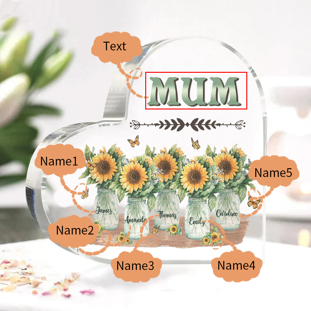 Personalised Acrylic Heart Keepsake Custom 5 Names & 1 Text Sunflower Vase Ornament Gifts for Mother/Grandma-Jessemade AU