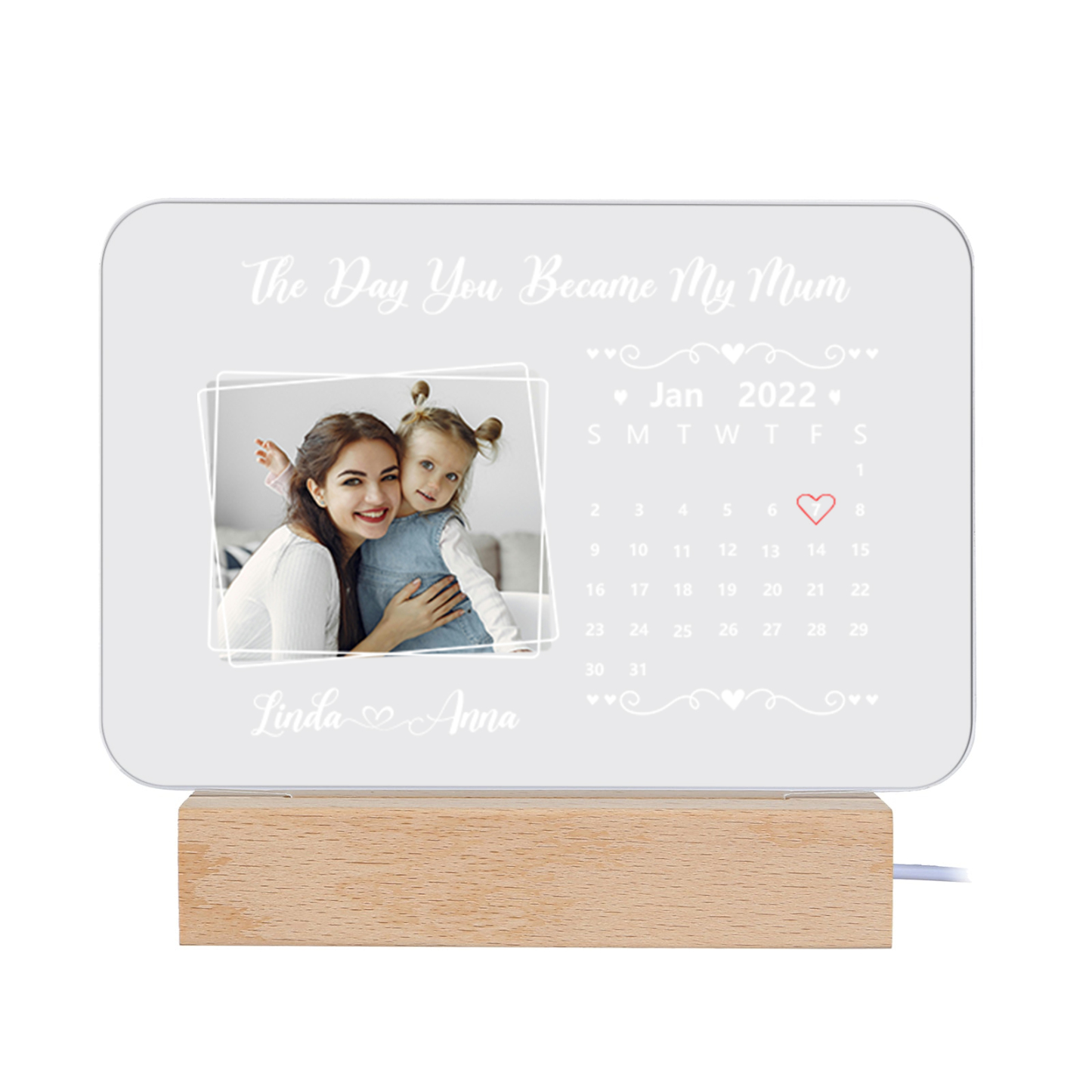 Personalised Calendar Night Light Custom Photo & Text LED Lamp Mother's Day Gift - The Day You Became My Mum/Mom-Jessemade AU