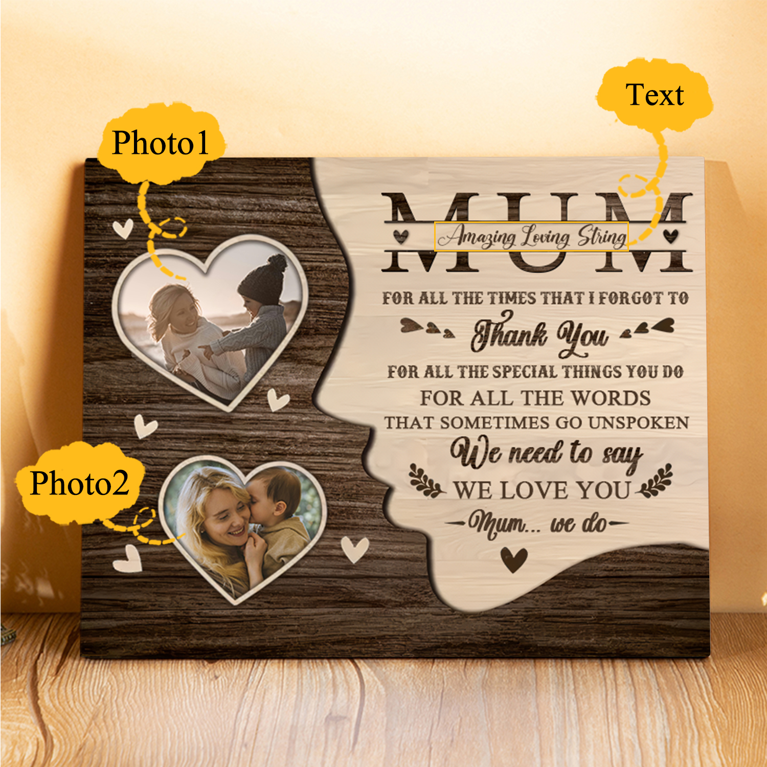Personalised 2 Photos & 1 Text Wooden Plaque Custom Hearts Home Decor Gifts for Mum - For All The Times That I Forgot To Thank You-Jessemade AU