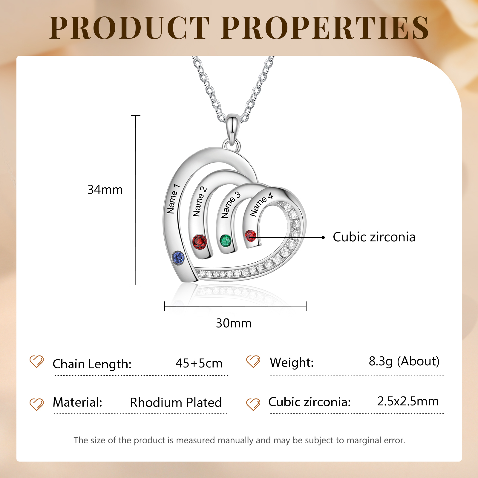 Personalised Heart Pendant Necklace Custom 4 Birthstones & 4 Names Necklace Gifts for Her-Jessemade AU