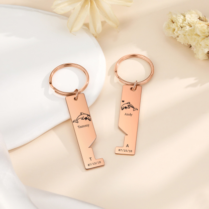 Personalised Couple Keychain Custom 2 Letters & 2 Dates & 2 Names Dolphin Keyring Valentine's Day Gift for Husband/Wife-Jessemade AU