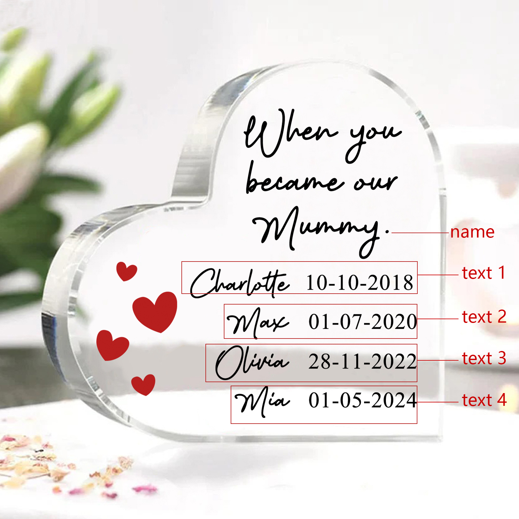 Personalised Name Acrylic Heart Keepsake Custom 4 Texts Ornaments Gifts - When You Became Our Mummy-Jessemade AU