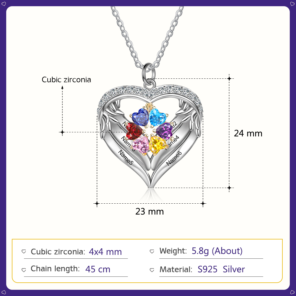 Personalised Wings Necklace With 6 Heart Birthstones Engraved Names Gift For Women-Jessemade AU