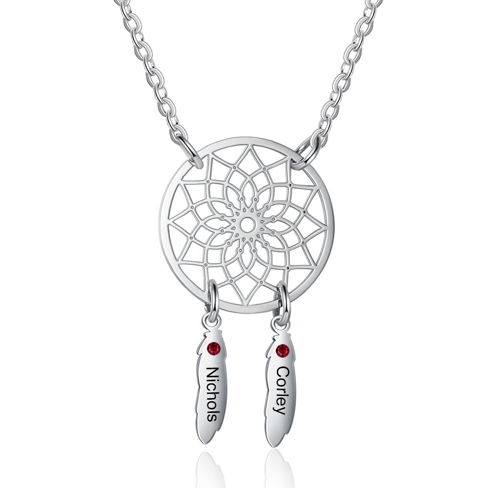Personalised Dream Catcher Necklace With Names Custom 2 Birthstones Gift For Women