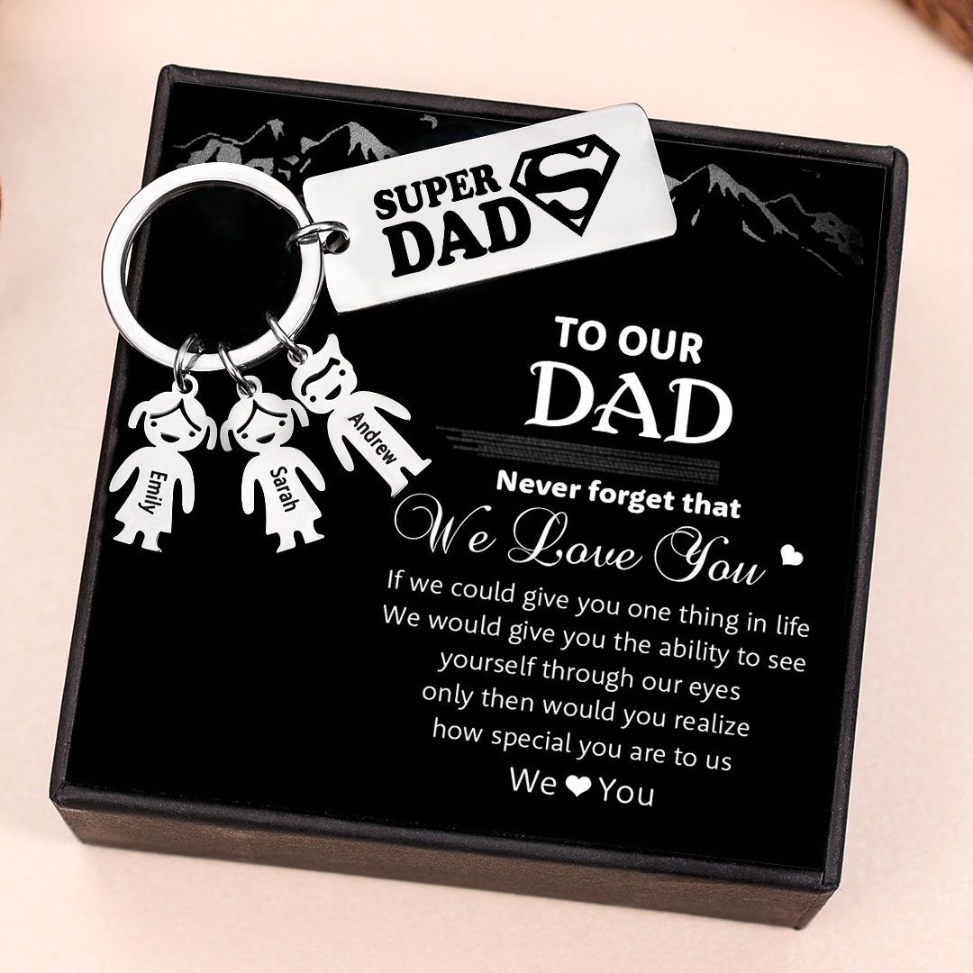 Father's Day Gift Personalised Super Dad Keychain Engraved 3 Kid Charms-Jessemade AU