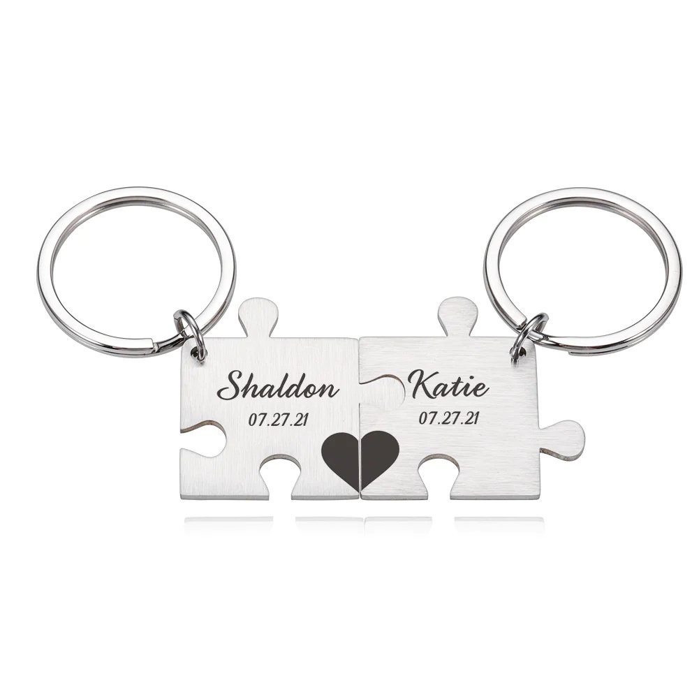 Puzzle Keychain Set Personalised 2 Names & Date Interlocking Keychain for Couple-Jessemade AU