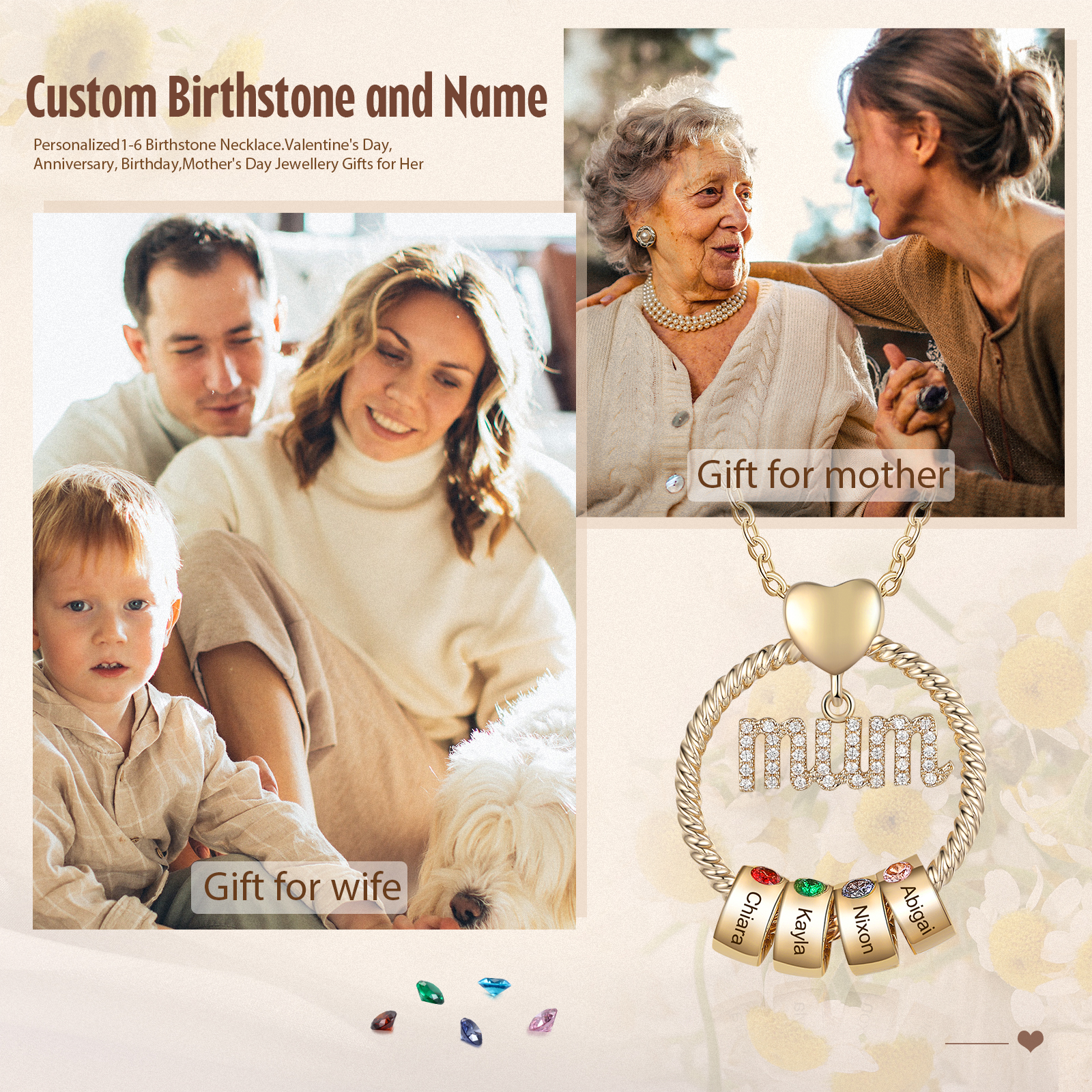 Personalised Circle Necklace With 4 Birthstones Pendant Engraved Names Gift For Mum-Jessemade AU