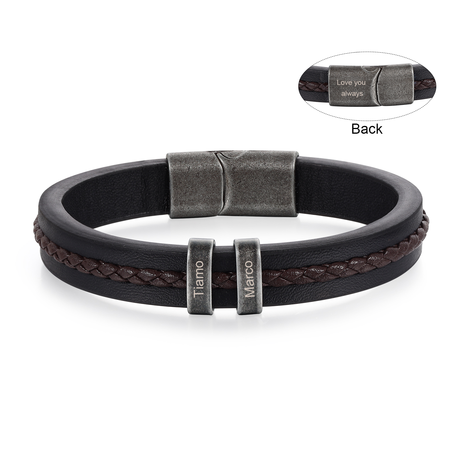 2 Names - Personalised Men's Leather Bracelet Custom Text Beaded Bracelets Vintage Gift for Him