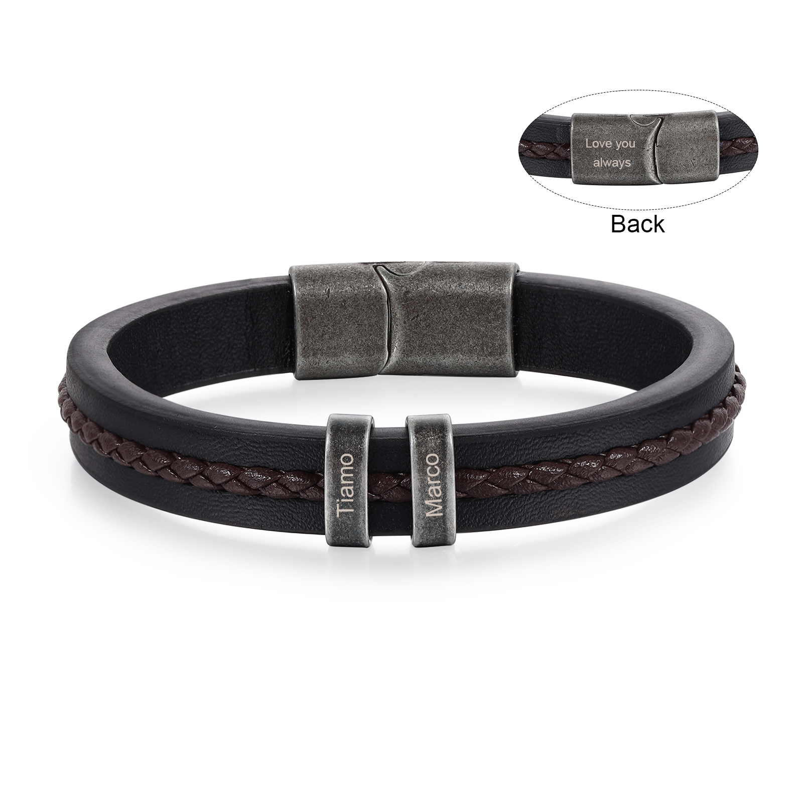 2 Names - Personalised Men's Leather Bracelet Custom Text Beaded Bracelets Vintage Gift for Him