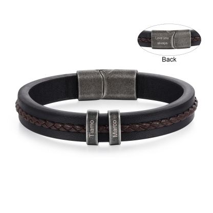2 Names - Personalised Men's Leather Bracelet Custom Text Beaded Bracelets Vintage Gift for Him