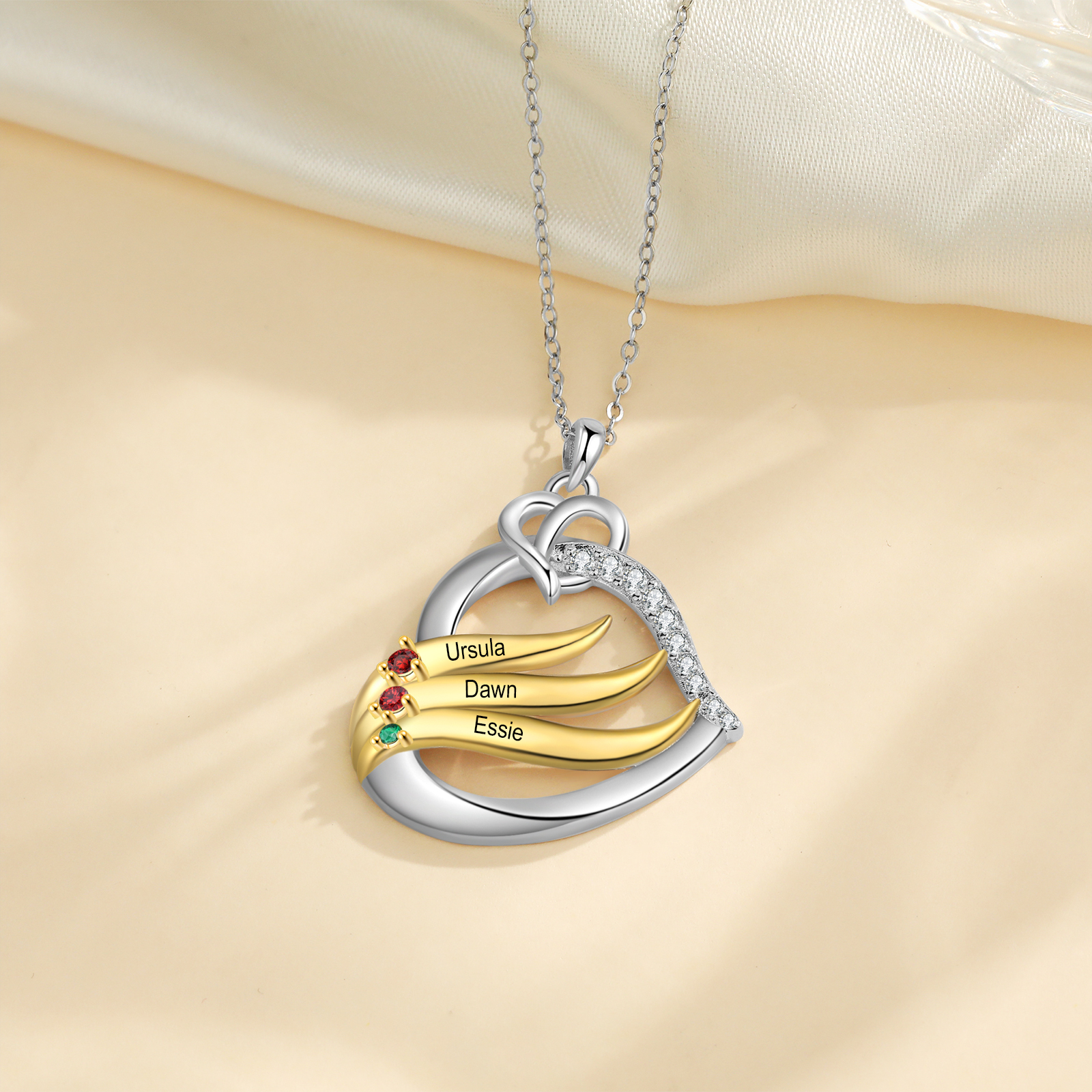 Personalised Golden Intertwined Heart Pendant Necklace Custom 3 Birthstones & 3 Names Necklace Gifts for Her-Jessemade AU