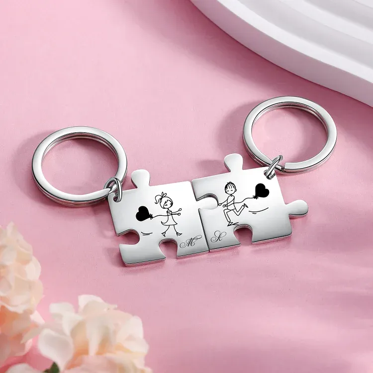 Personalised Puzzle Couple Keychain Set Customised 2 Letters Keyring Line Art Matching Couple Gifts-Jessemade AU