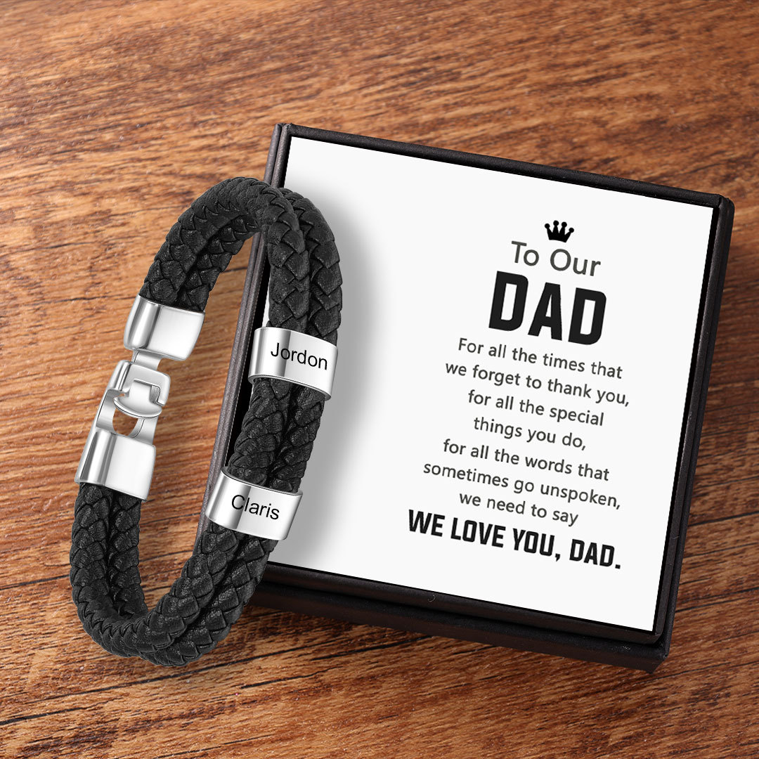 Personalised Braided Leather Bracelet Engraved 2 Names Men's Bracelet for Him-Jessemade AU