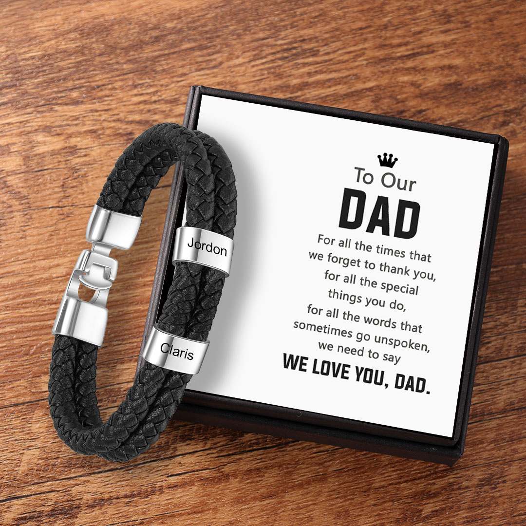 Personalised Braided Leather Bracelet Engraved 2 Names Men's Bracelet for Him-Jessemade AU