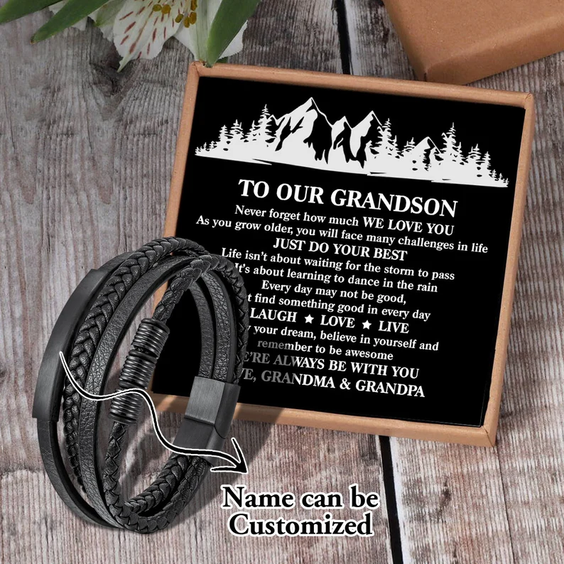 To Our Grandson Leather Bracelet "We're always with you“ Inspirational Gifts for grandson