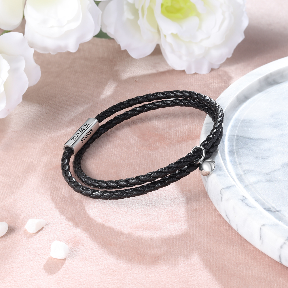 Leather Couple Magnetic Bracelet Personalised Names and Date Bracelet Set-Jessemade AU