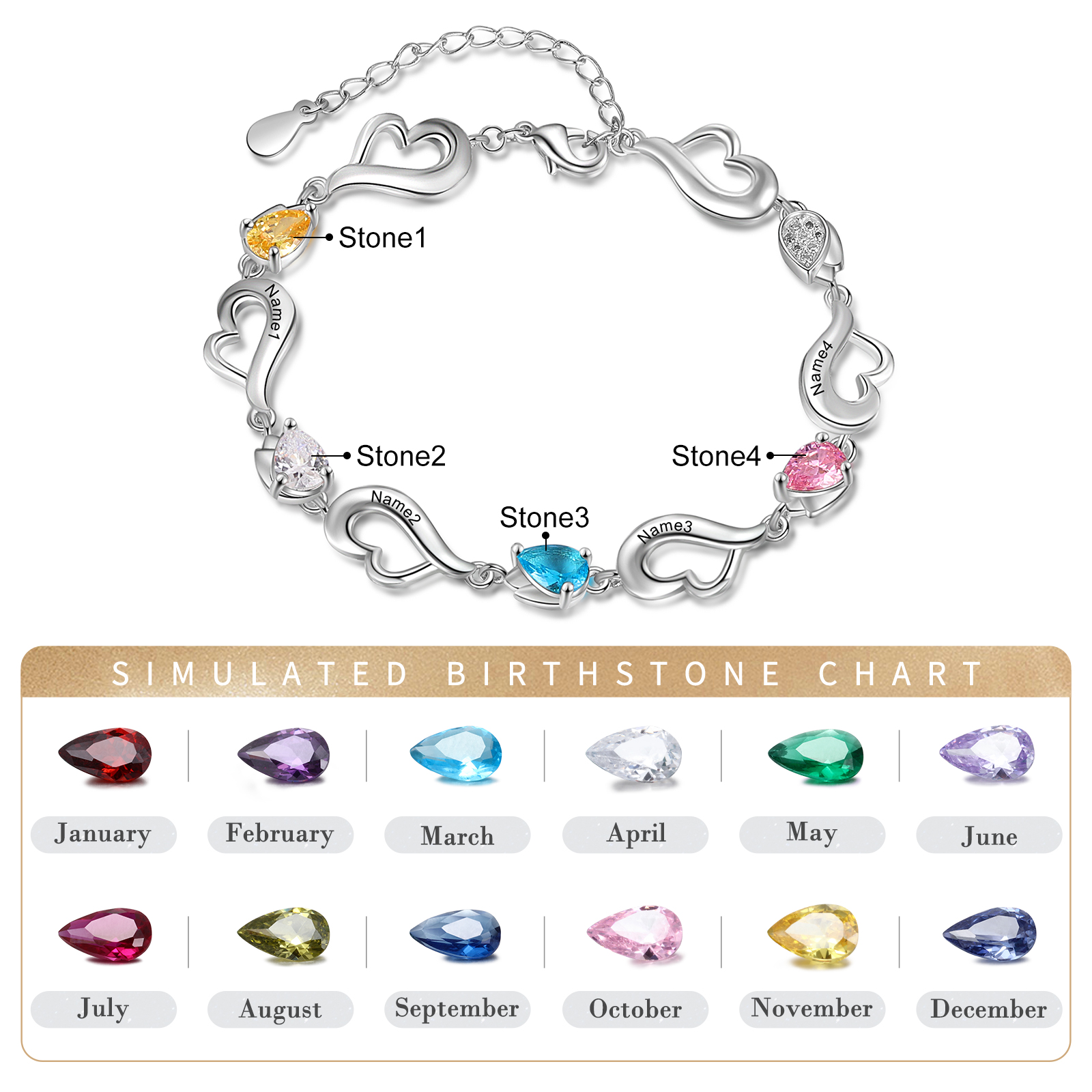 Personalised Heart Bracelet With 4 Birthstones Engraved Name Bracelet Gifts For Her-Jessemade AU