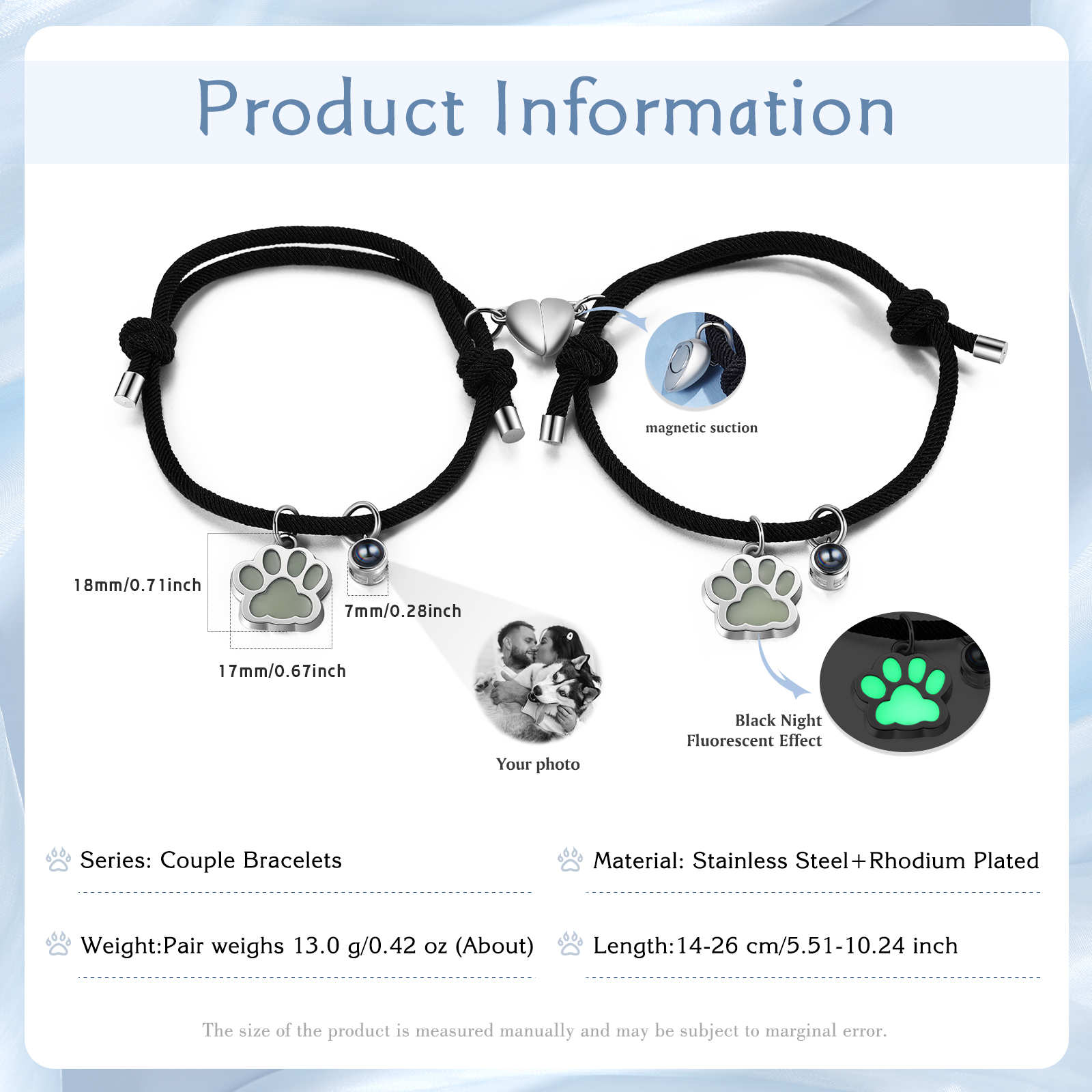Personalised Photo Projection Bracelet Set Dog Paw Fluorescent Magnetic Bracelet Matching Gifts For Couples/Friends-Jessemade AU