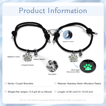 Personalised Photo Projection Bracelet Set Dog Paw Fluorescent Magnetic Bracelet Matching Gifts For Couples/Friends-Jessemade AU
