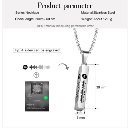 Personalised 3D Vertical Bar Necklace Customised Music Spotify Code Necklace for Her Him-Jessemade AU
