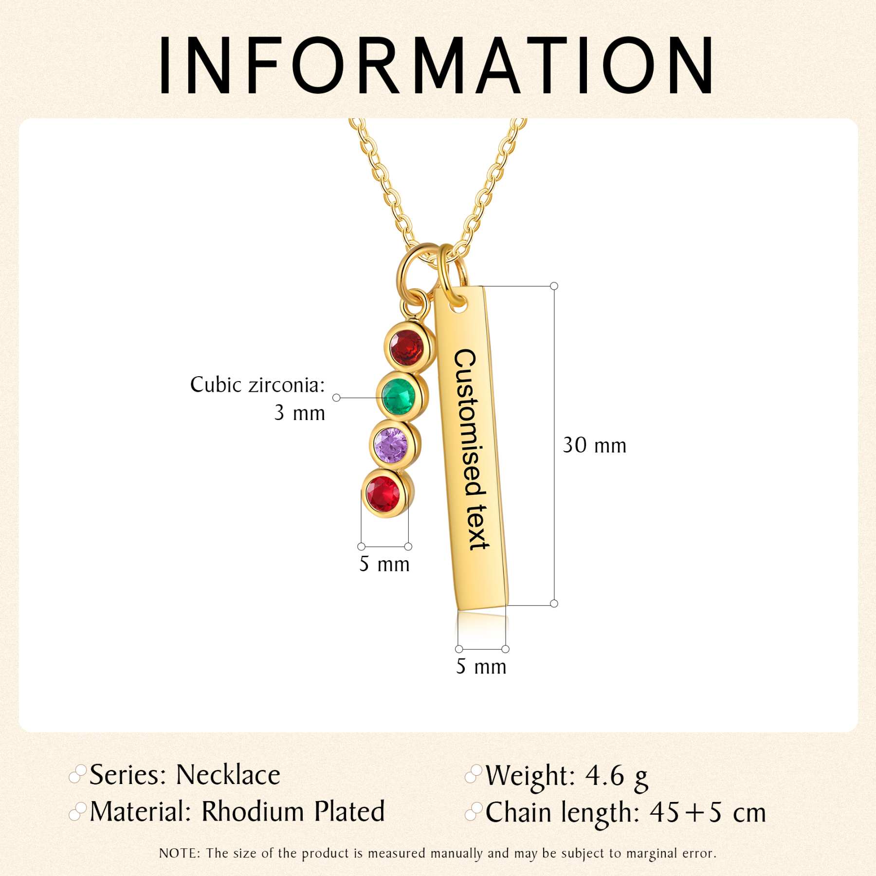 Personalised Bar Pendant Necklace Custom 4 Birthstones & 1 Text Necklace Birthday Gift for Her-Jessemade AU