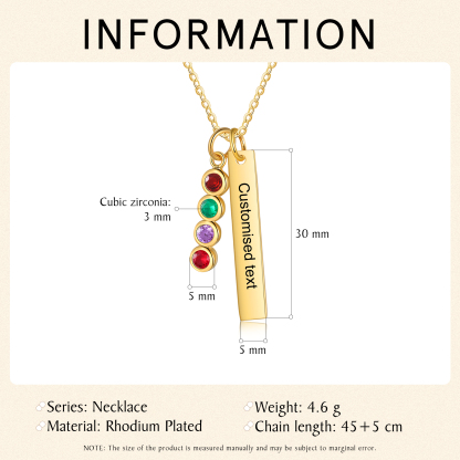 Personalised Bar Pendant Necklace Custom 4 Birthstones & 1 Text Necklace Birthday Gift for Her-Jessemade AU