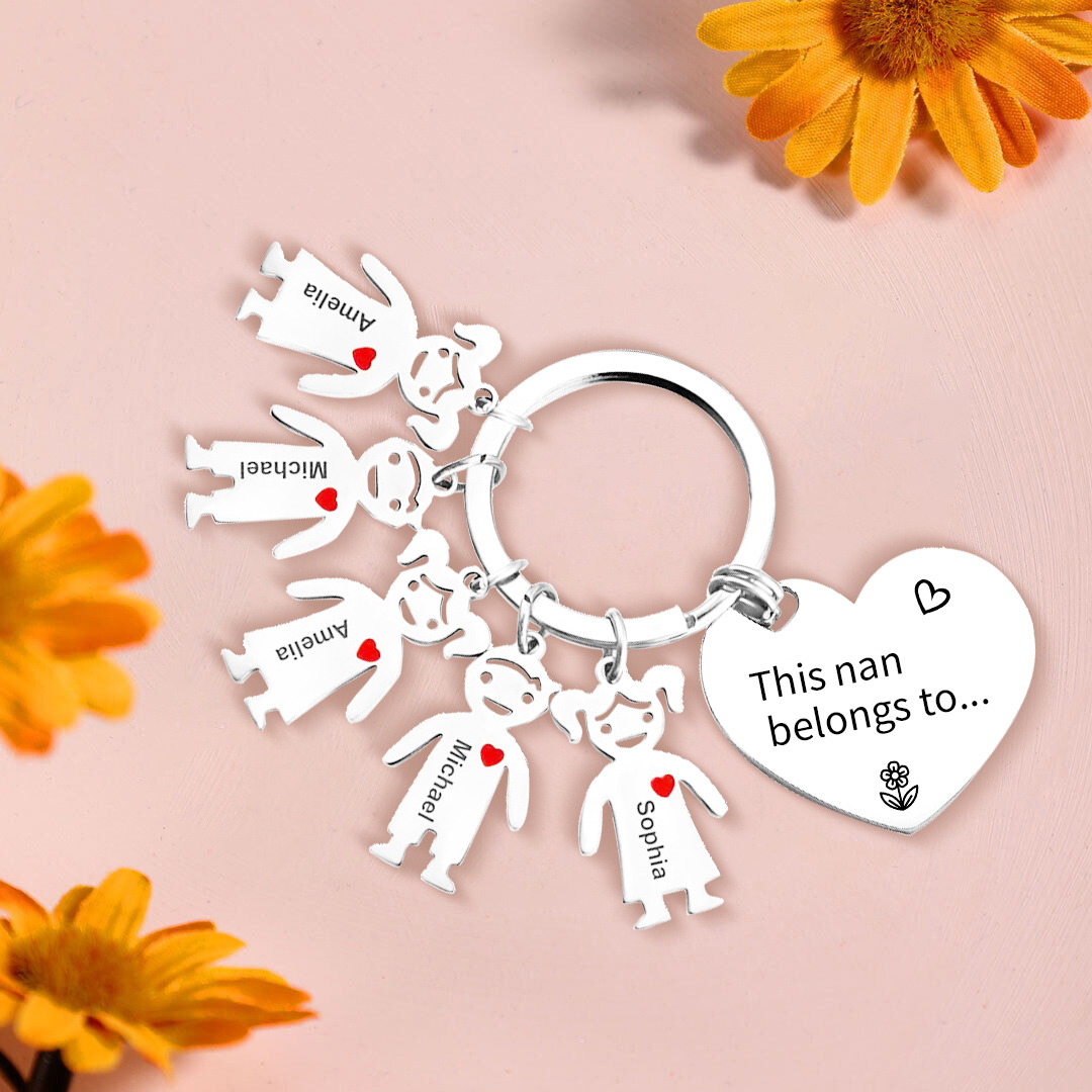 5 Names - Personalised Keychain with Kid Charm Engraved Names Keychain Heart Gift for Nan/Mum-Jessemade AU