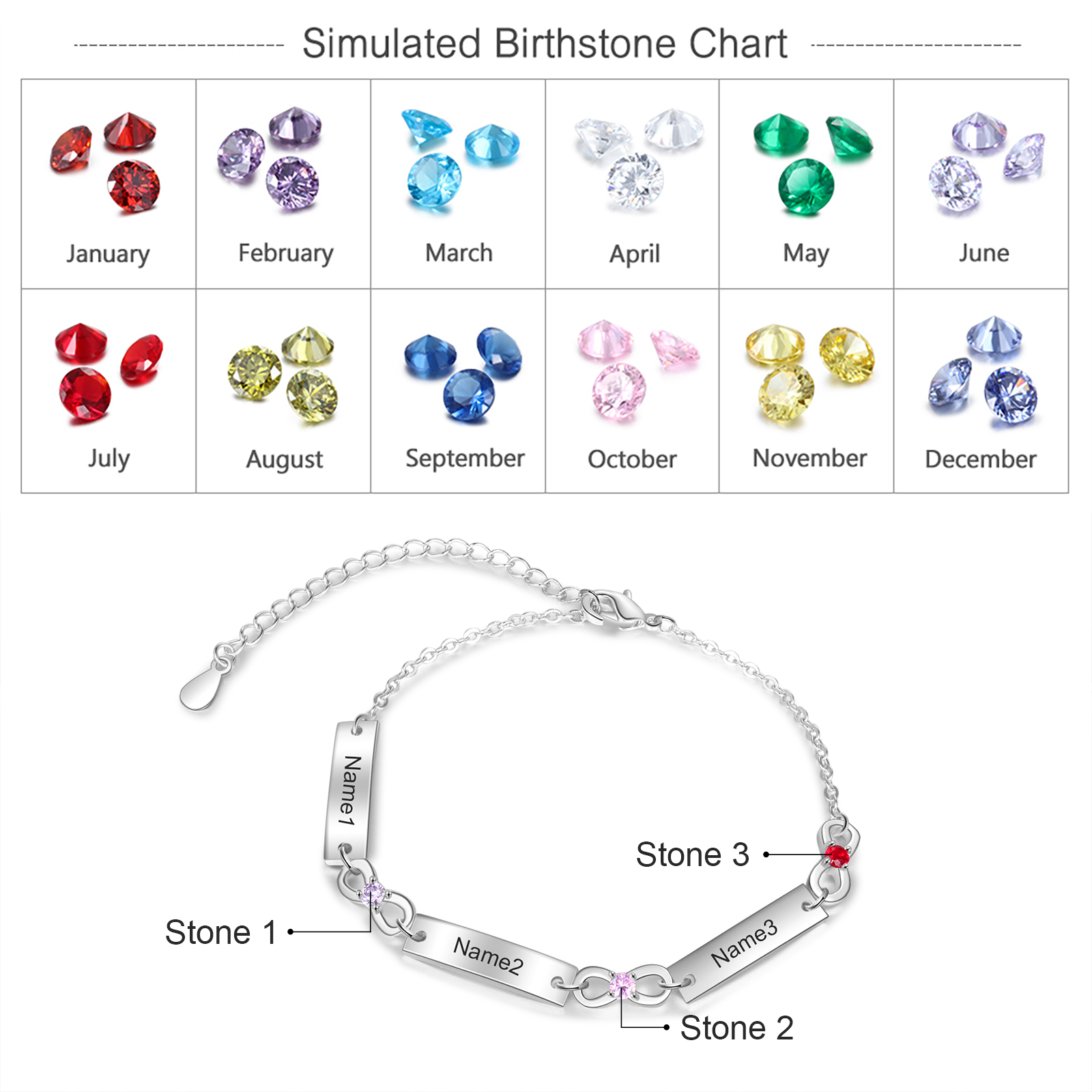 Personalised Bracelet With 3 Birthstones Engraved Names Bracelet Gift For Women-Jessemade AU