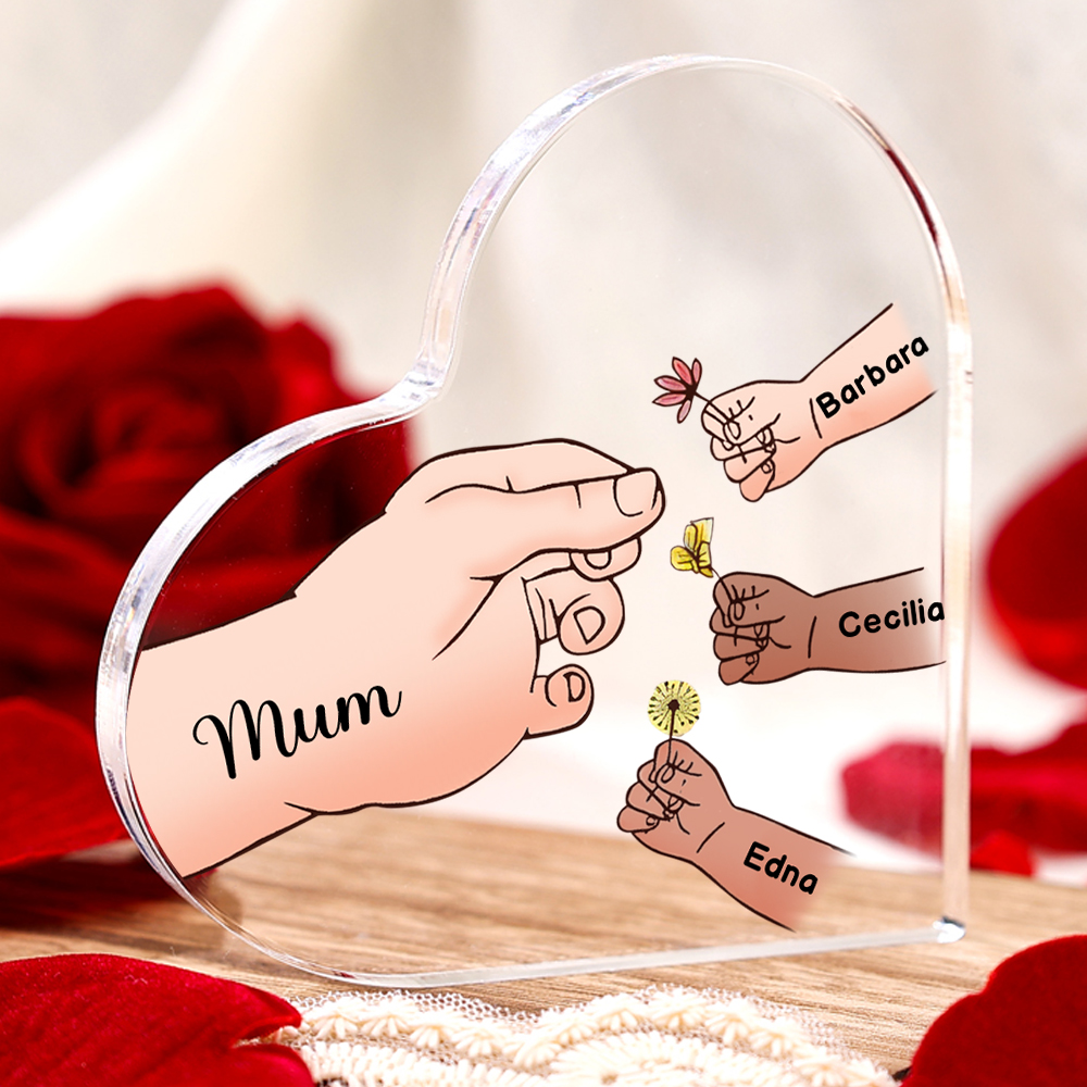 Personalised Text Acrylic Heart Keepsake Custom 1–8 Names & Flowers Ornament Handing Flowers Gifts For Mother/Grandma-Jessemade AU