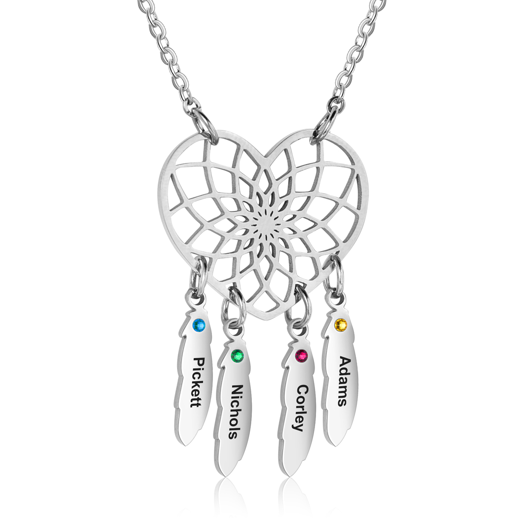 Personalised Dream Catcher Necklace With Birthstones Custom 4 Names Necklace Gifts For Her-Jessemade AU