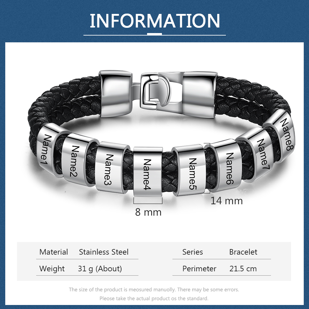 Customised Braided Leather Bracelet Engraved 8 Names Men's Bracelet Gifts For Dad-Jessemade AU