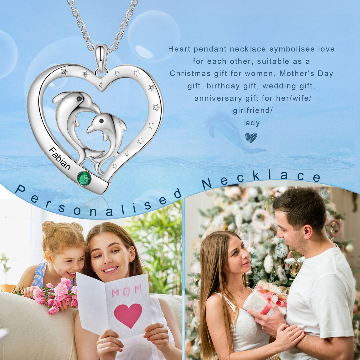 Personalised Heart Dolphin Pendant Necklace Custom 1 Birthstone Engraved 1 Name Necklace Gift for Her-Jessemade AU