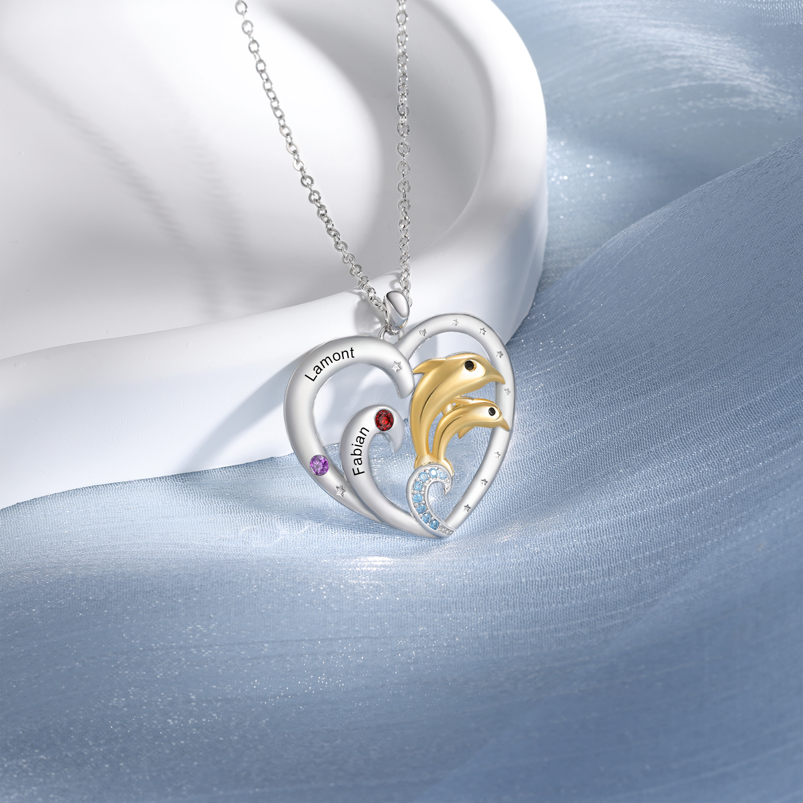 Personalised Heart Dolphin Pendant Necklace Custom 2 Birthstones Engraved 2 Names Necklace Gift for Her-Jessemade AU