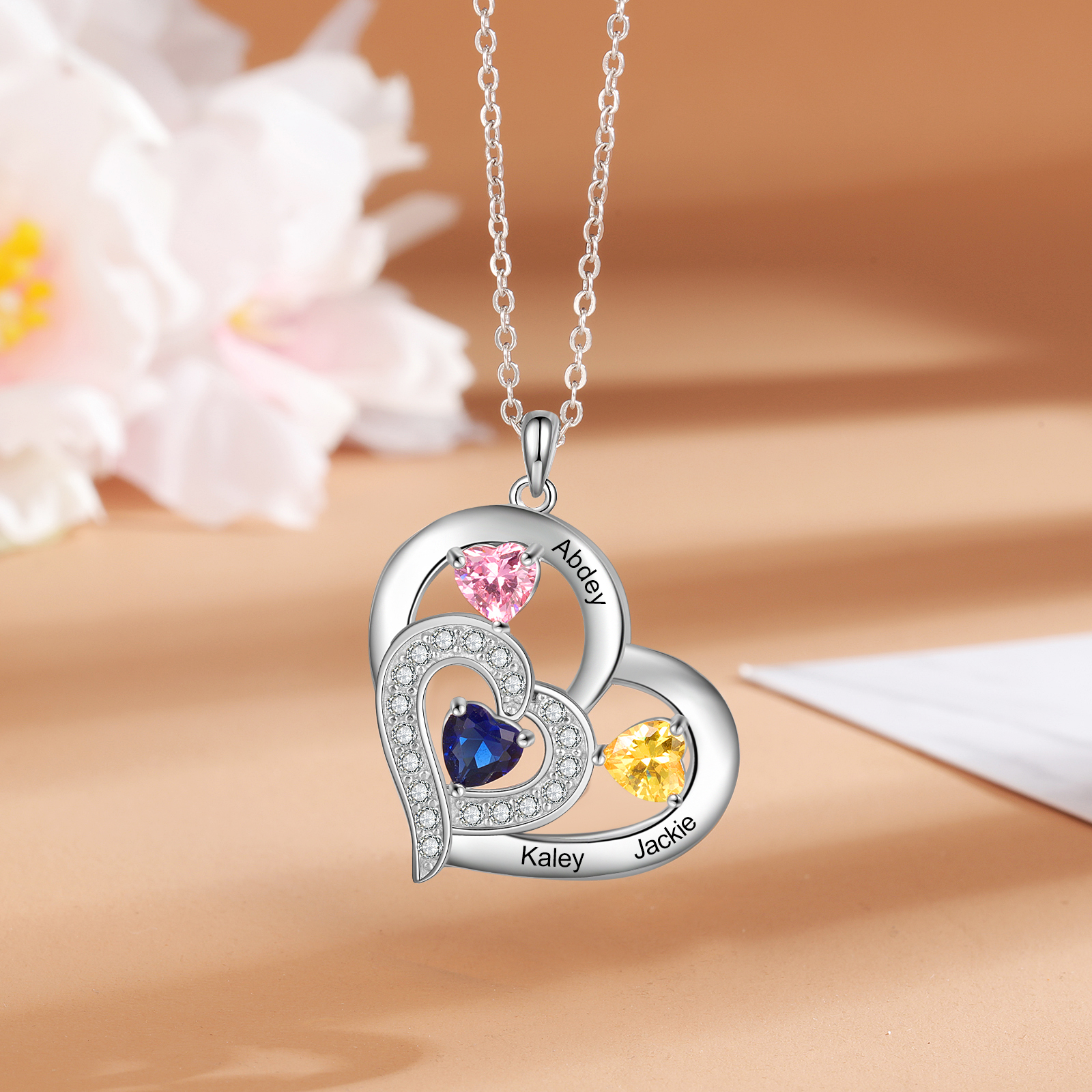 Personalised Heart Necklace With 3 Birthstones Engraved Names Gift For Her-Jessemade AU