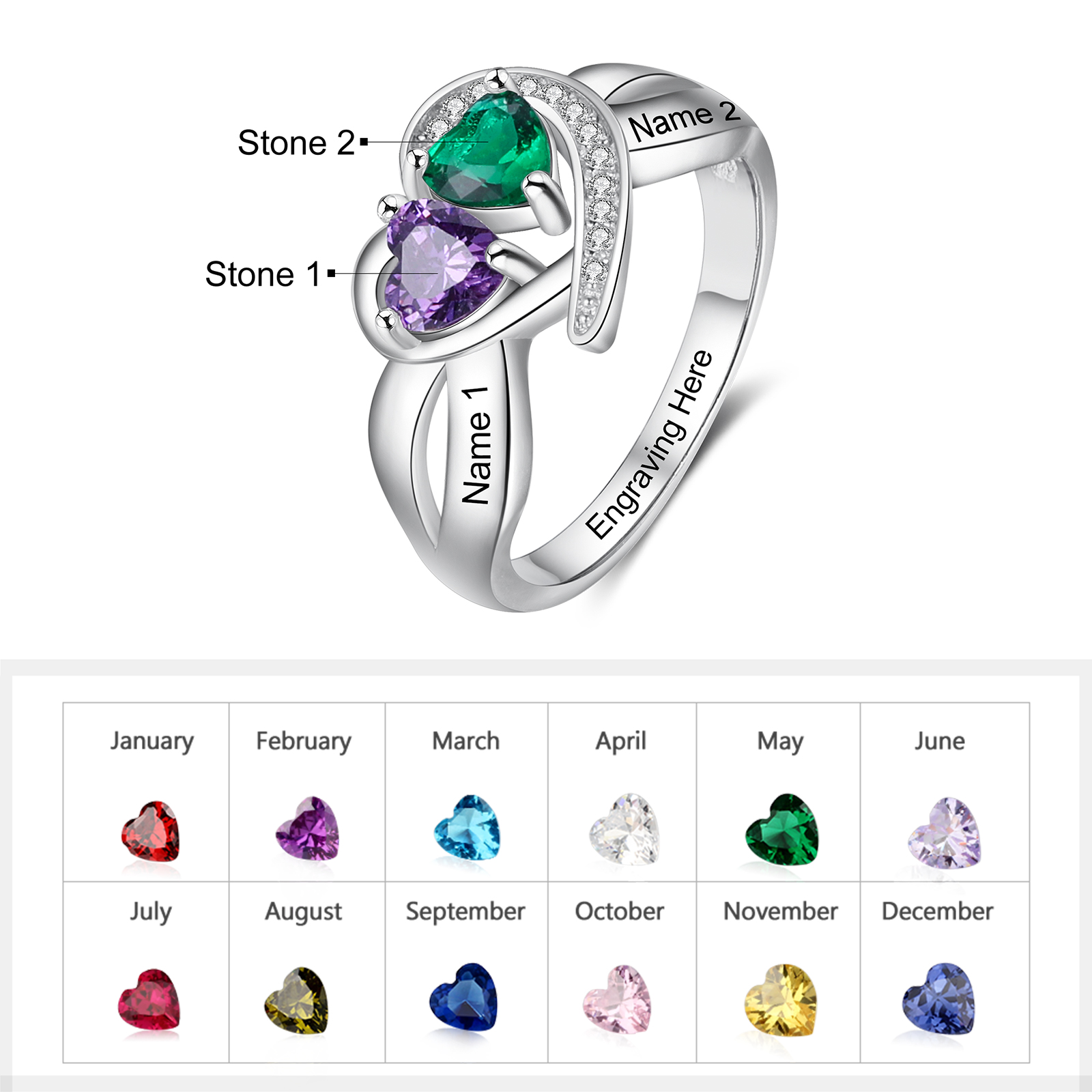 Personalised Mothers Ring with 2 Birthstones Heart Customised Ring for Mom-Jessemade AU