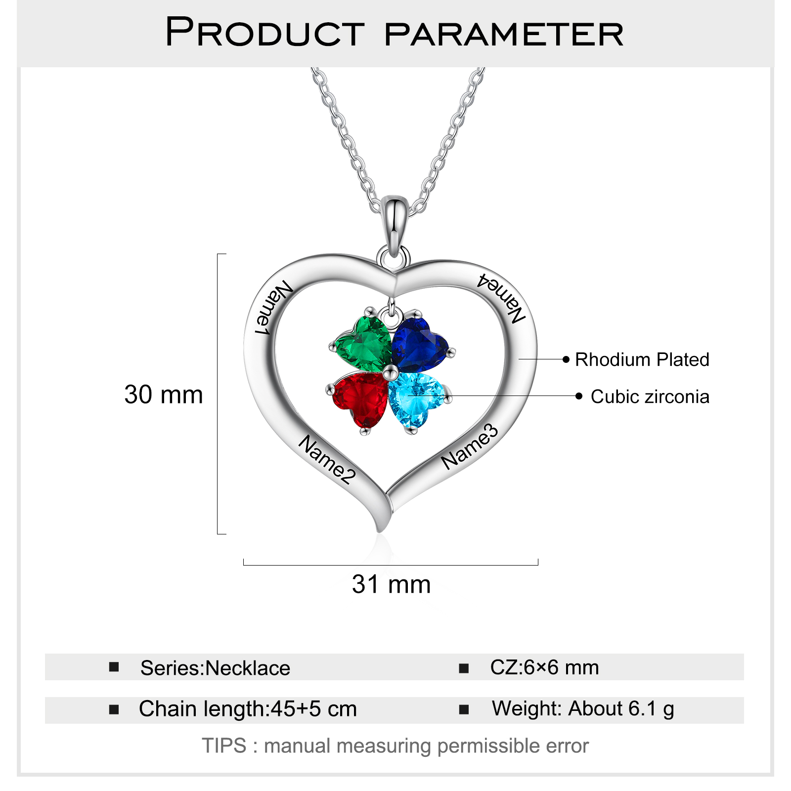 Personalised Heart Pendant Necklace with 4 Birthstones Engraved Names Family Necklace Gifts for Her-Jessemade AU