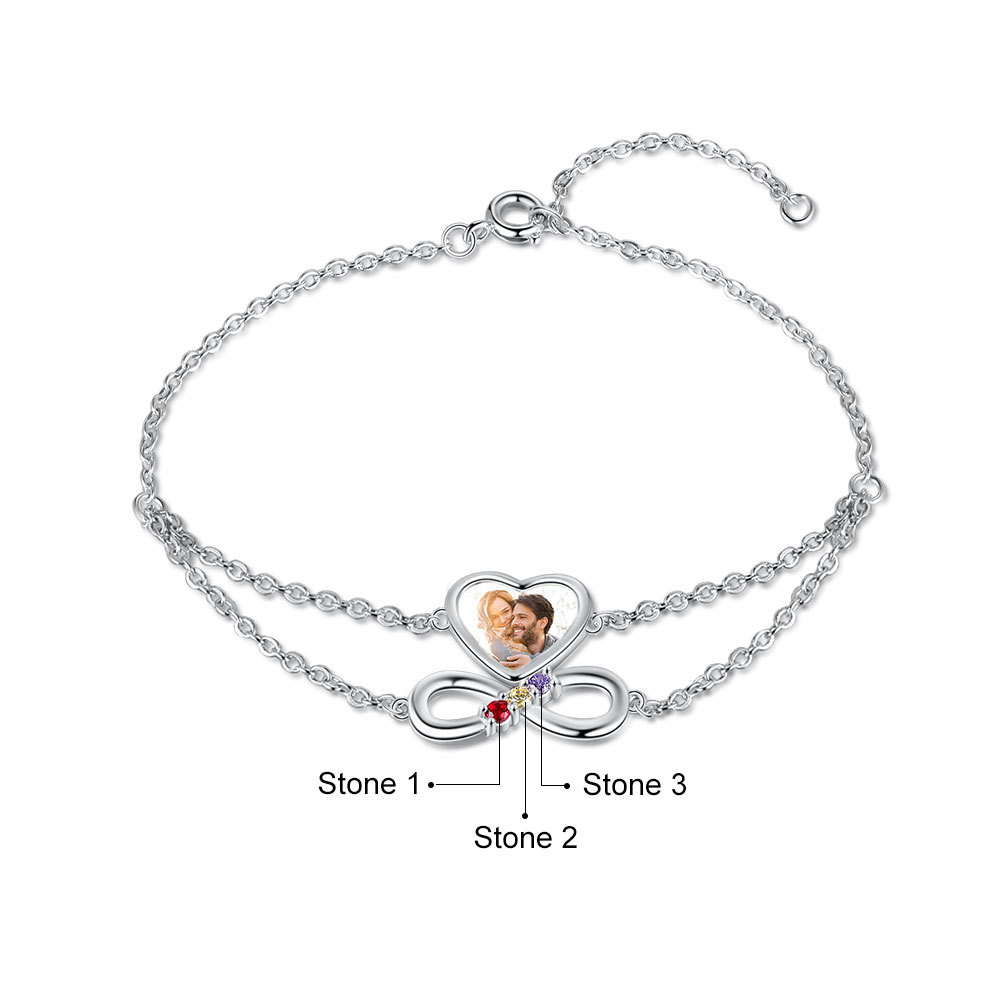 Personalised Heart Photo Bracelet With 3 Birthstones Custom Photo Bracelet Gifts For Her-Jessemade AU
