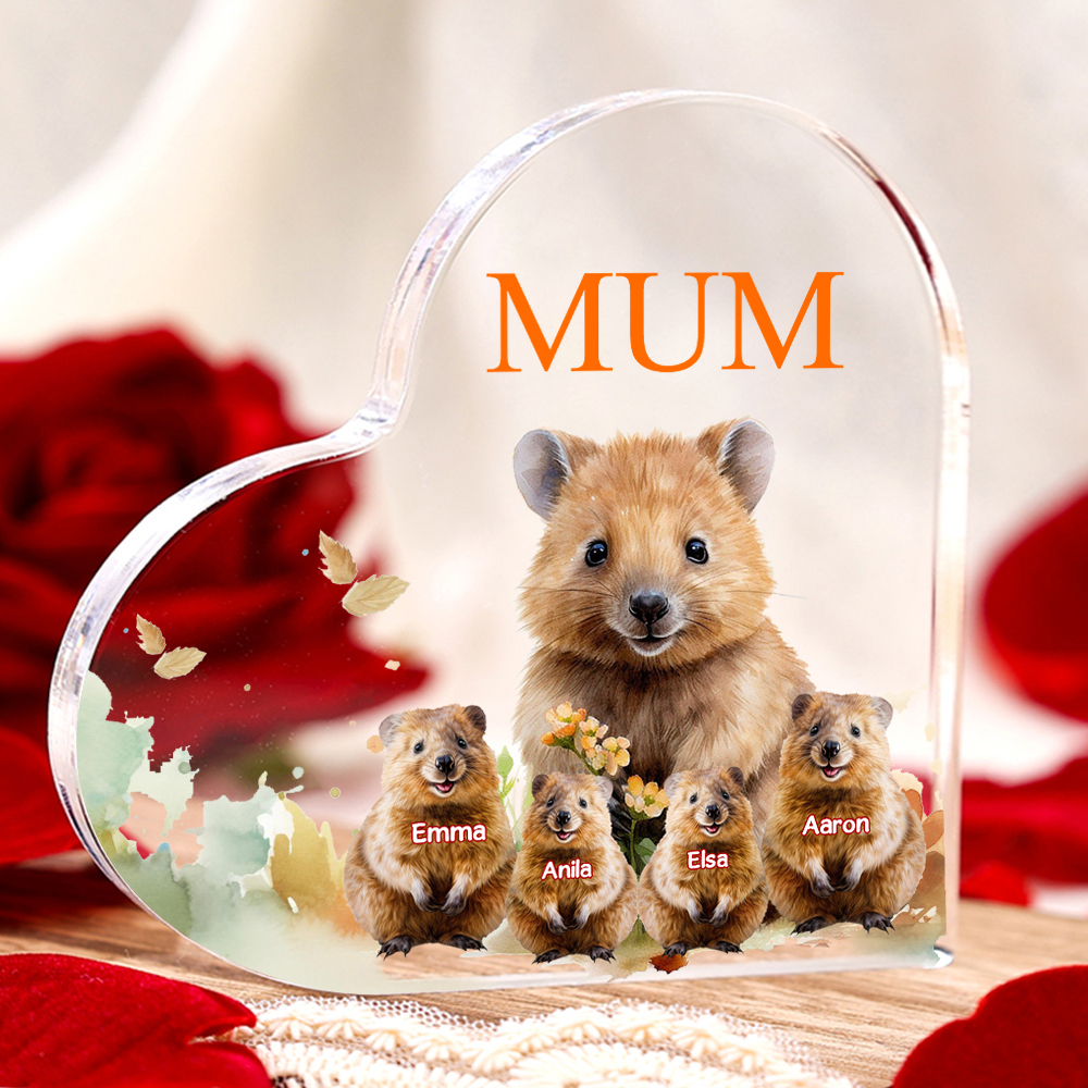 Personalised Acrylic Heart Keepsake Custom 1 Text & 4 Names Ornament Quokka Family Gift for Mother/Grandma-Jessemade AU