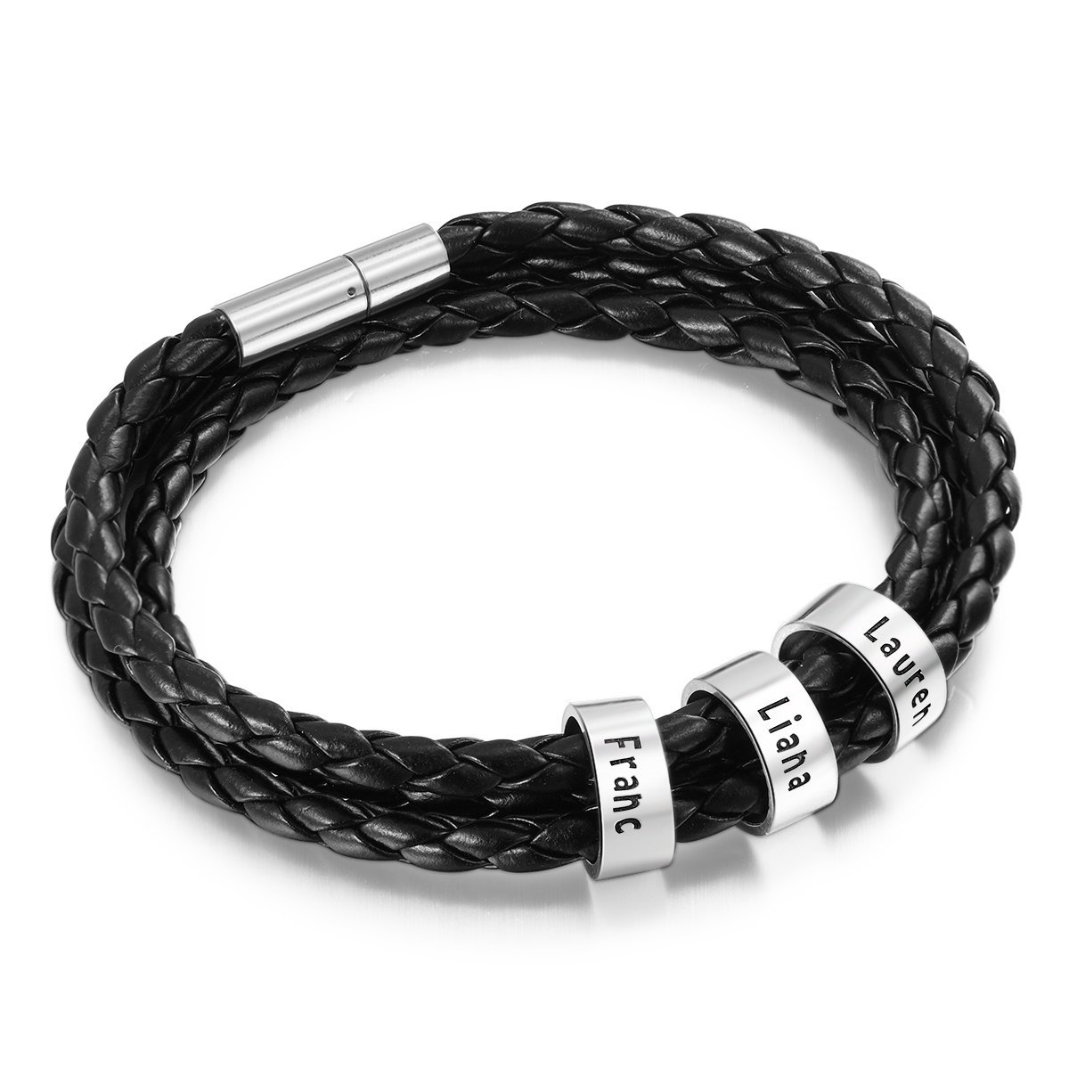 Personalised Braided Leather Bracelet for Men With Custom Engraved 2-6 Names Beads - Father's Day Gifts for Dad | Jessemade-Jessemade AU